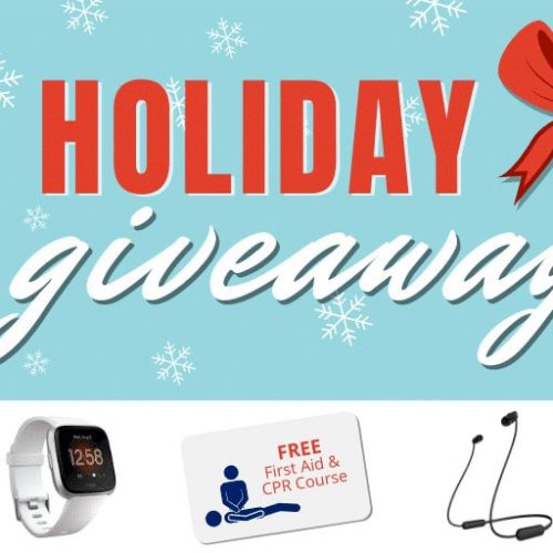 Festive image with "Holiday Giveaway" text, featuring a red bow and green gift. Below are icons for a Netflix card, smartwatch, free First Aid & CPR course, Bluetooth headphones, and a Starbucks card, with snowflakes adorning the background.