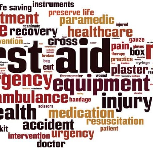 A word cloud centered around "first aid" and "medical", featuring related terms like "emergency", "treatment", "healthcare", "injury", "equipment", "assistance", "ambulance", and "rescue", in various sizes and orientations.