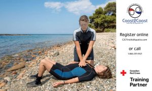 "Red Cross First Aid student practicing drowning rescue CPR on a beach—Coast2Coast First Aid & CPR training in Toronto, Ontario."
