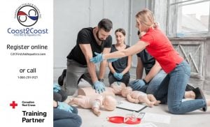 A group of people participate in a first aid training session. A woman demonstrates CPR on a baby mannequin while others observe and practice. The Coast2Coast and Canadian Red Cross logos are visible, along with contact information for registration.