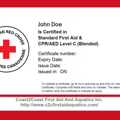 A Canadian Red Cross certificate for John Doe, certified in Standard First Aid & CPR/AED Level C (Blended). Includes certificate number, expiry date, issue date, and issuer location (ON). Coast2Coast First Aid and Aquatics Inc. website is listed.