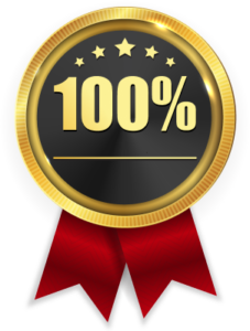 A digital badge featuring a gold and black design with "100%" in bold white text, surrounded by five gold stars. Below, a red ribbon with two tails displays "First Aid and CPR Training"