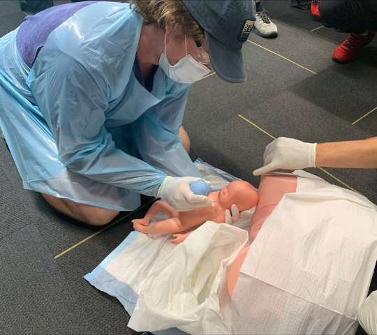 Birthing simulator used for the pregnancy, labour and delivery module of an EMR course in London