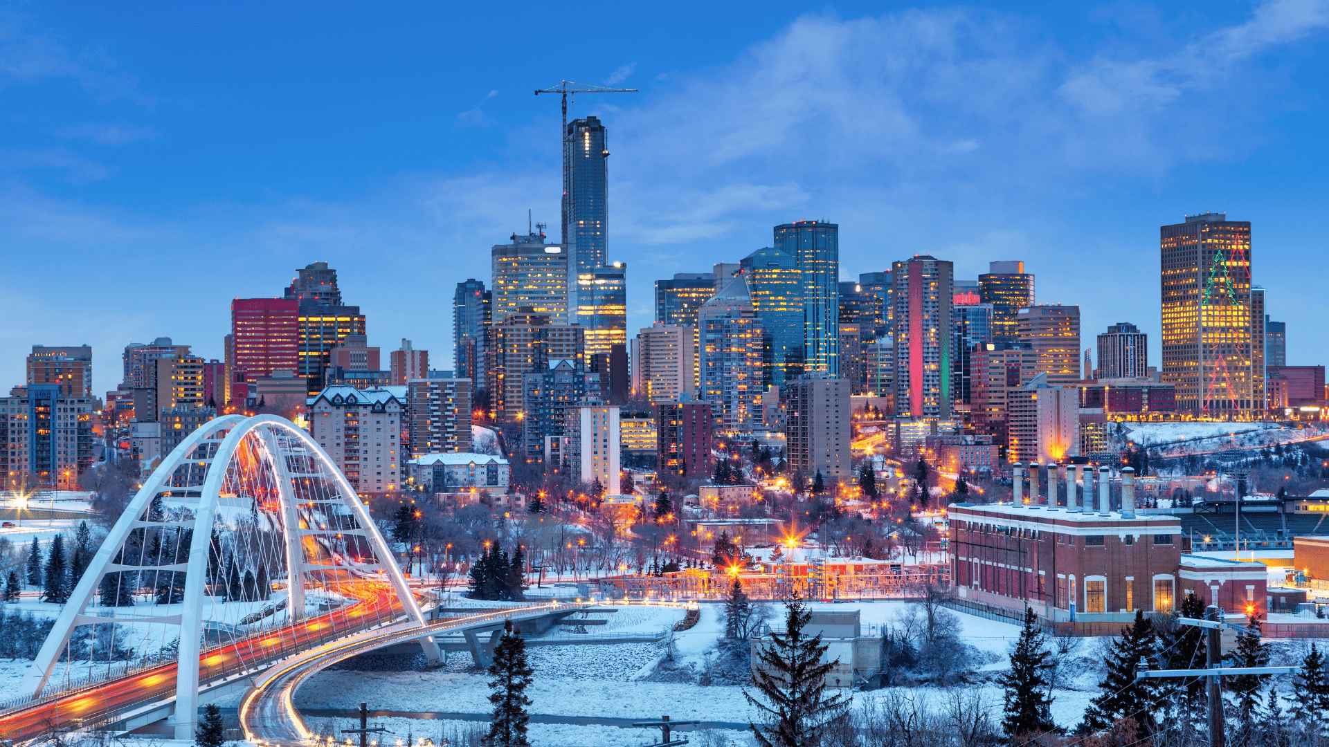 Edmonton downtown skyline just after sunset in the winter