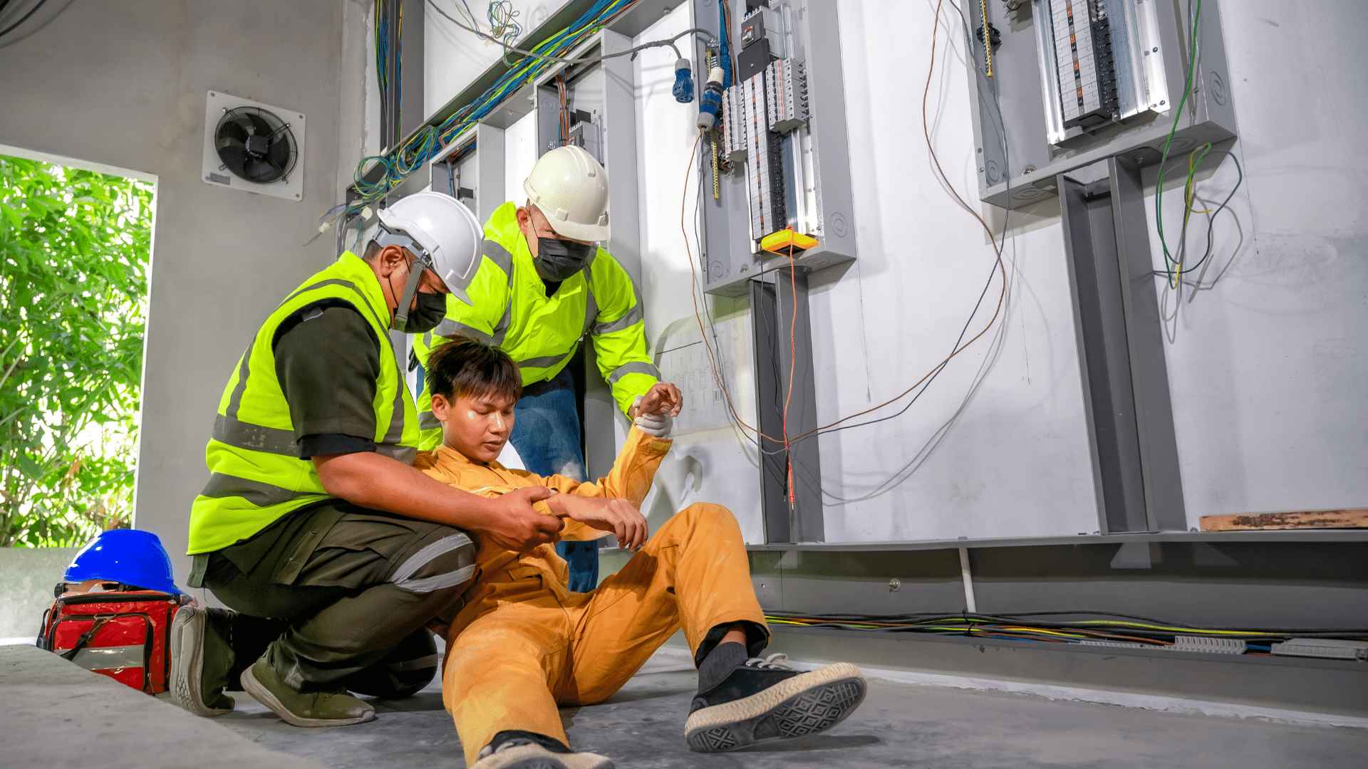 Electric worker suffering from electric shock being attended to by paramedics.