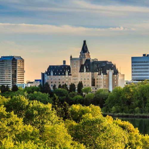 skyline of saskatoon with trees in foreground and buildings in background