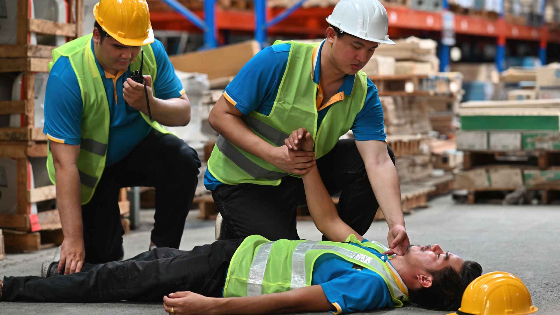 warehouse worker laying on the ground unconscious. his yellow hard hat fell off. another worker is checking on him and a third worker is using a radio