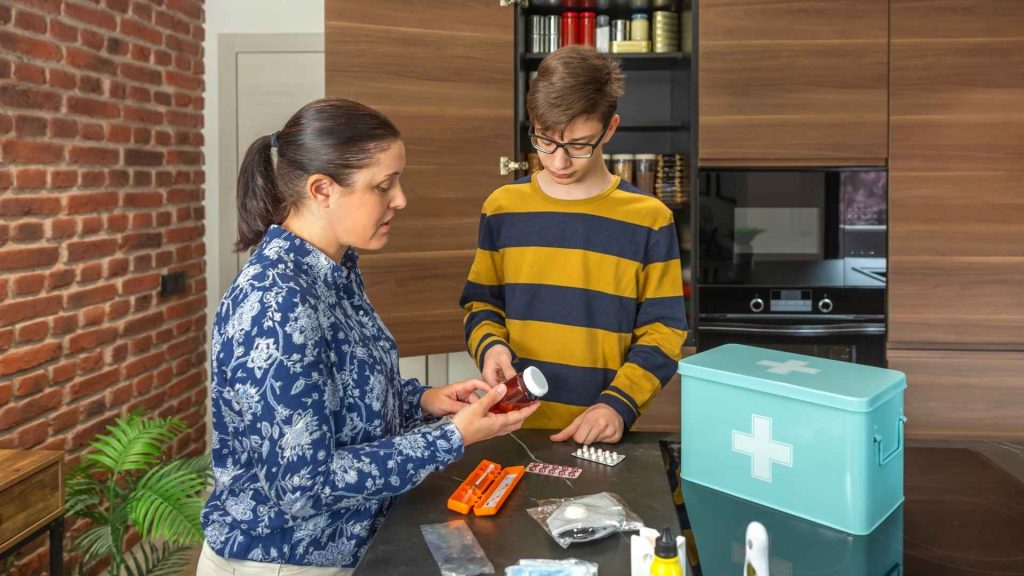 A family creating an emergency kit, for an emergency situation