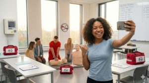 Student filming a selfie video during a free first aid and CPR course training session at Coast2Coast First Aid & Aquatics. - How to Get Your BLS, First Aid & CPR Course for Free: The "Go Viral" Challenge (2026 Guide)