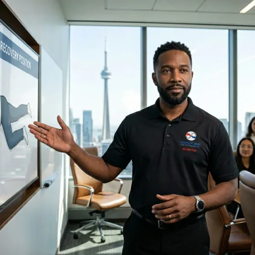 Coast2Coast First Aid instructor teaching corporate C-suite first aid and CPR training in a Toronto high-rise boardroom with CN Tower visible in the background and recovery position poster on the wall