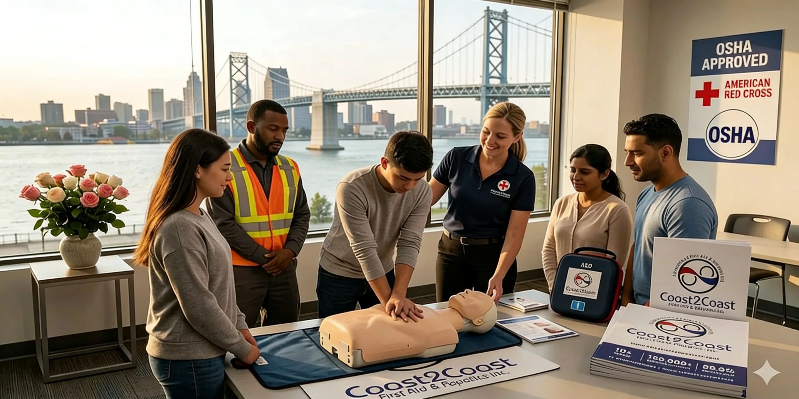 Group of diverse participants practicing CPR on a mannequin during an American Red Cross OSHA-approved first aid course, with Coast2Coast training materials visible and a cityscape bridge in the background