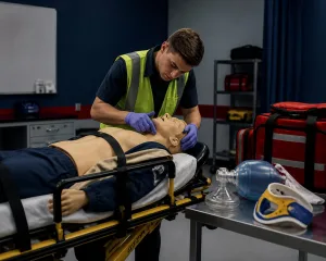 EMR student practicing patient assessment on mannequin during emergency medical responder training