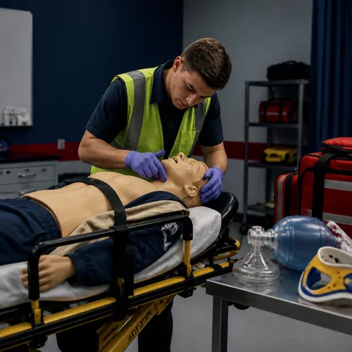 EMR student practicing patient assessment on mannequin during emergency medical responder training