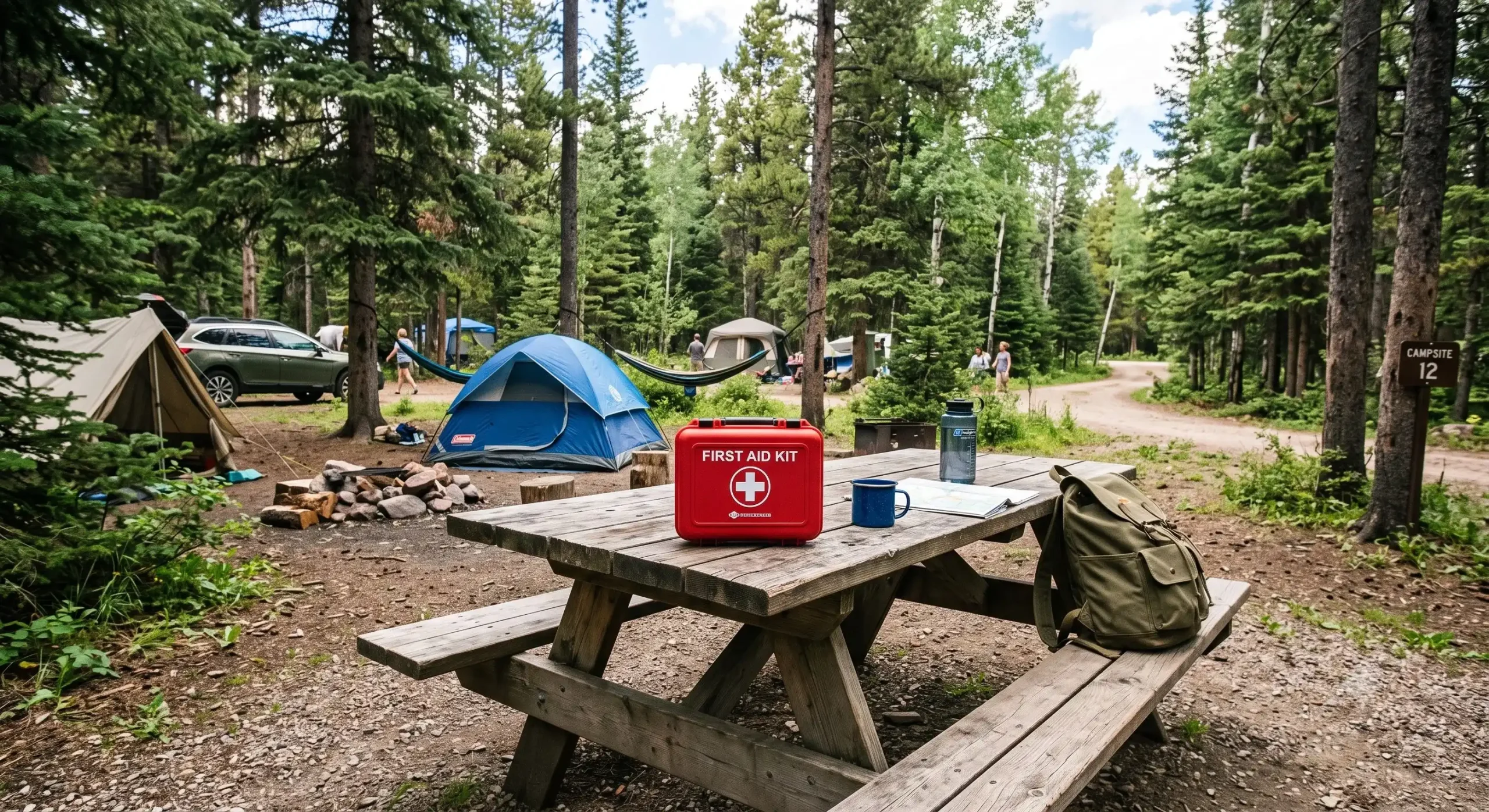 Campground with first aid kit