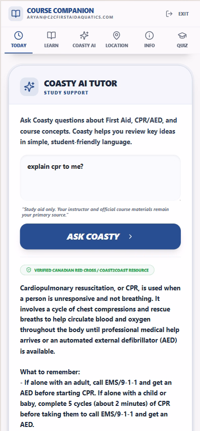 Student Companion app showing the Coasty AI tutor chat tab