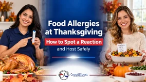 Food allergies at Thanksgiving banner: first aid instructor holding an epinephrine auto-injector and a host with an allergen-labelled dish