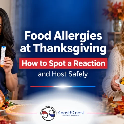 Food allergies at Thanksgiving banner: first aid instructor holding an epinephrine auto-injector and a host with an allergen-labelled dish