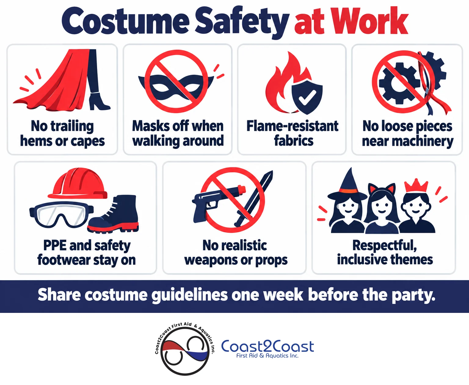 Halloween costume safety at work: no trailing capes, masks off, flame-resistant fabric, PPE stays on