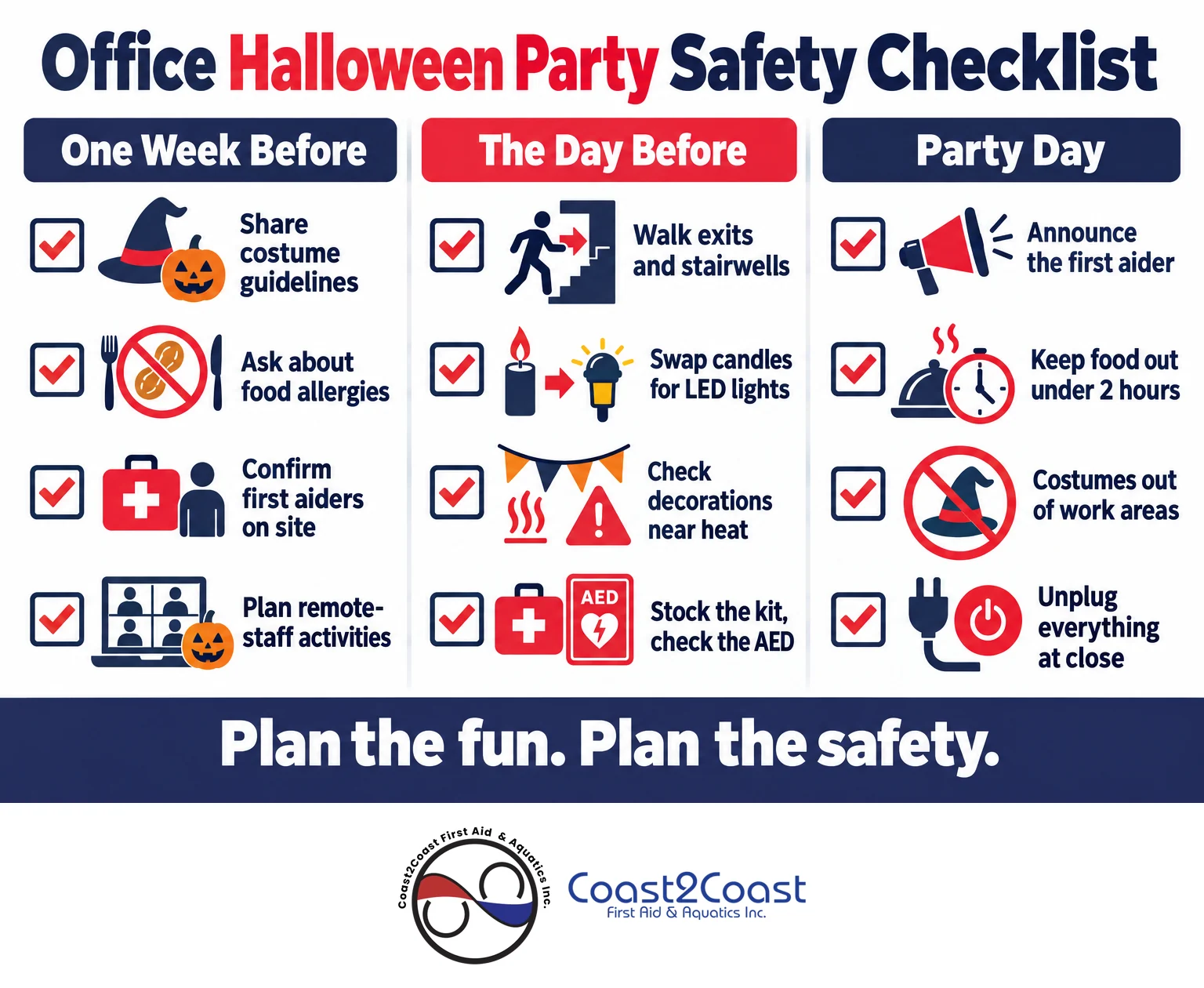 Office Halloween party safety checklist: one week before, the day before and on party day