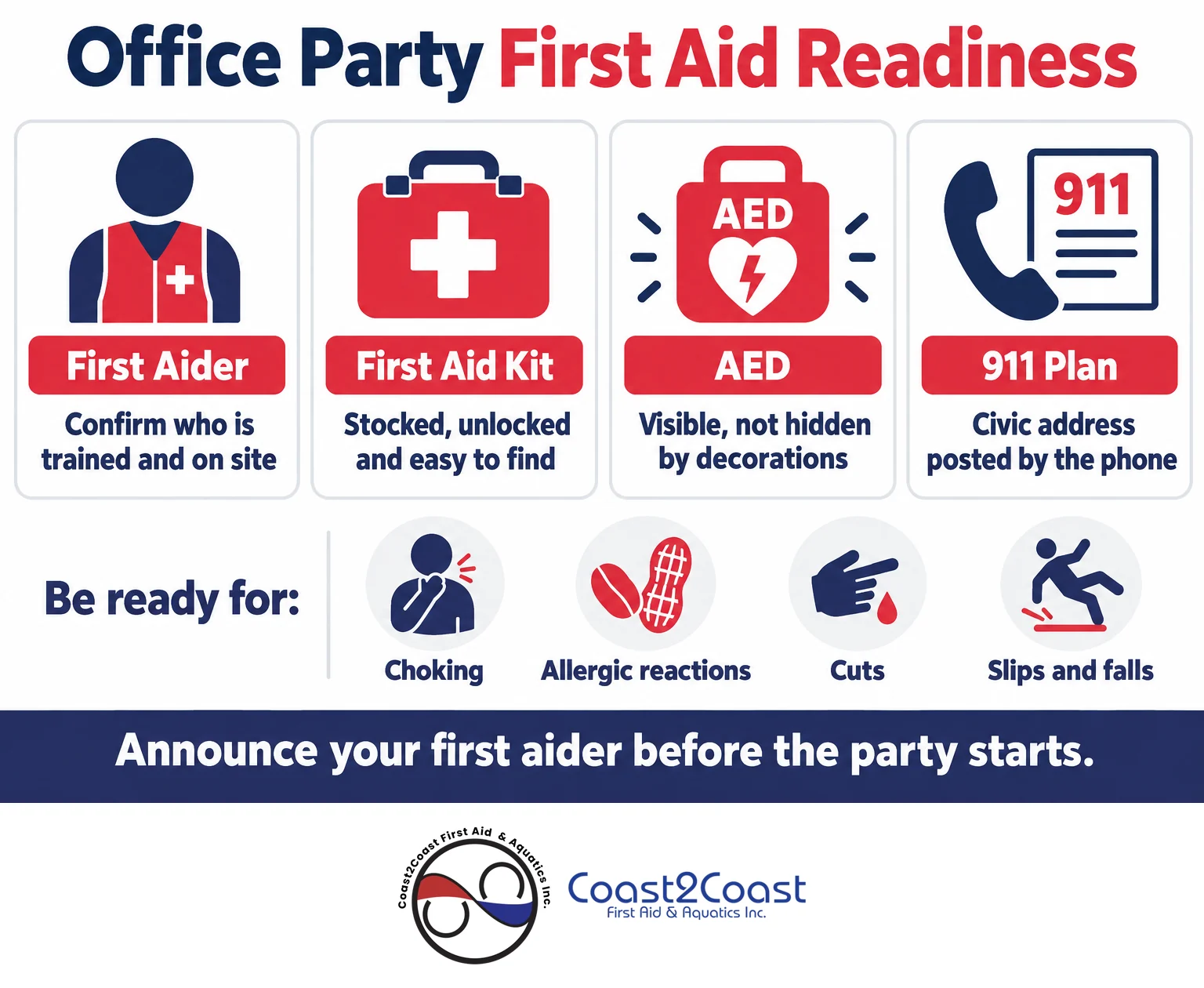 Office party first aid readiness: trained first aider, stocked first aid kit, visible AED and a 911 plan