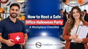 Office Halloween party safety checklist banner: workplace first aider with a first aid kit and a coordinator holding a checklist