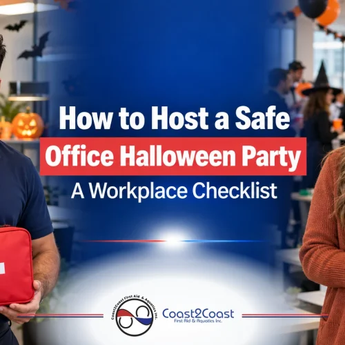 Office Halloween party safety checklist banner: workplace first aider with a first aid kit and a coordinator holding a checklist