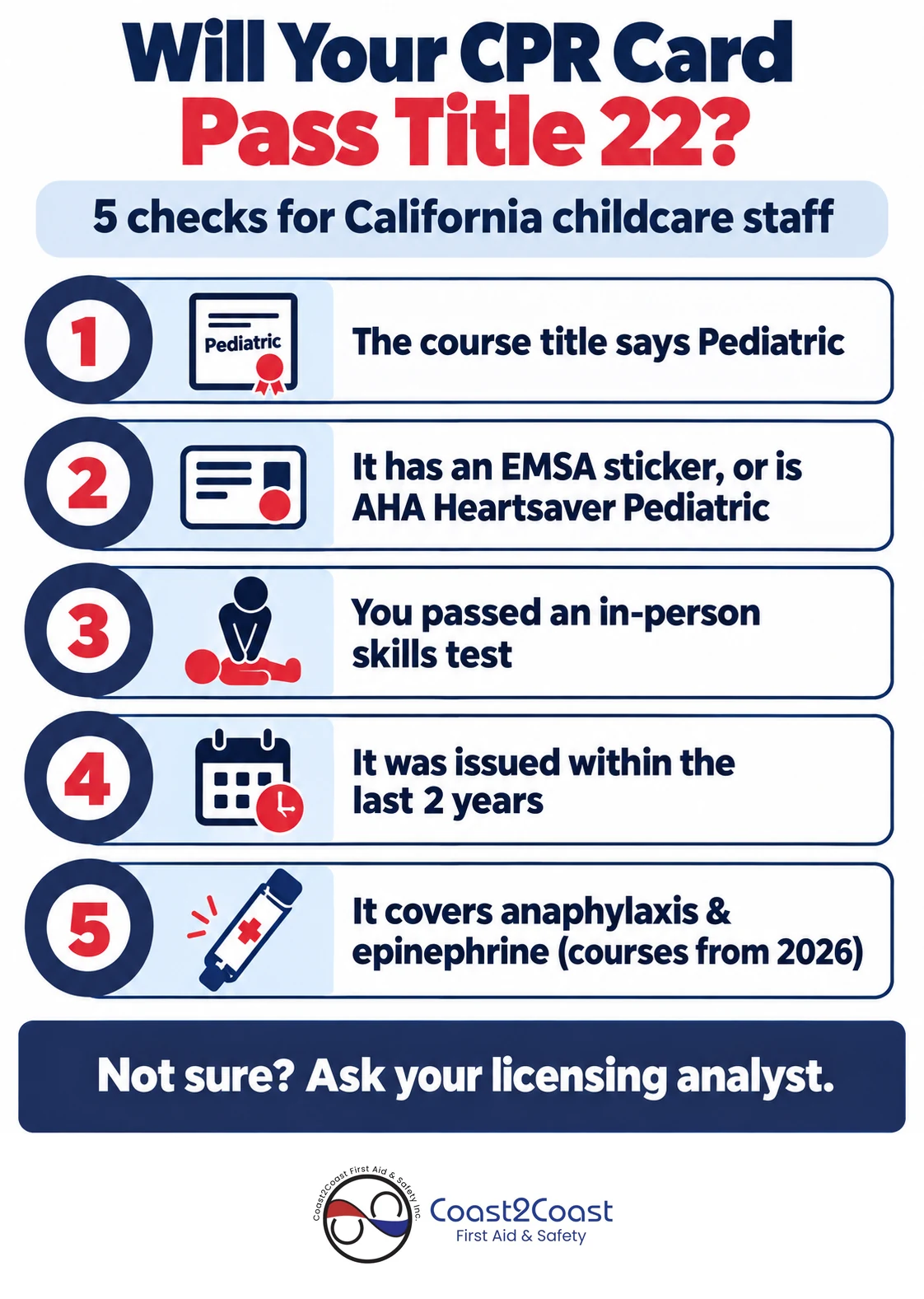 Title 22 CPR card checklist for California childcare staff: pediatric title, EMSA sticker or AHA Heartsaver, 2 years