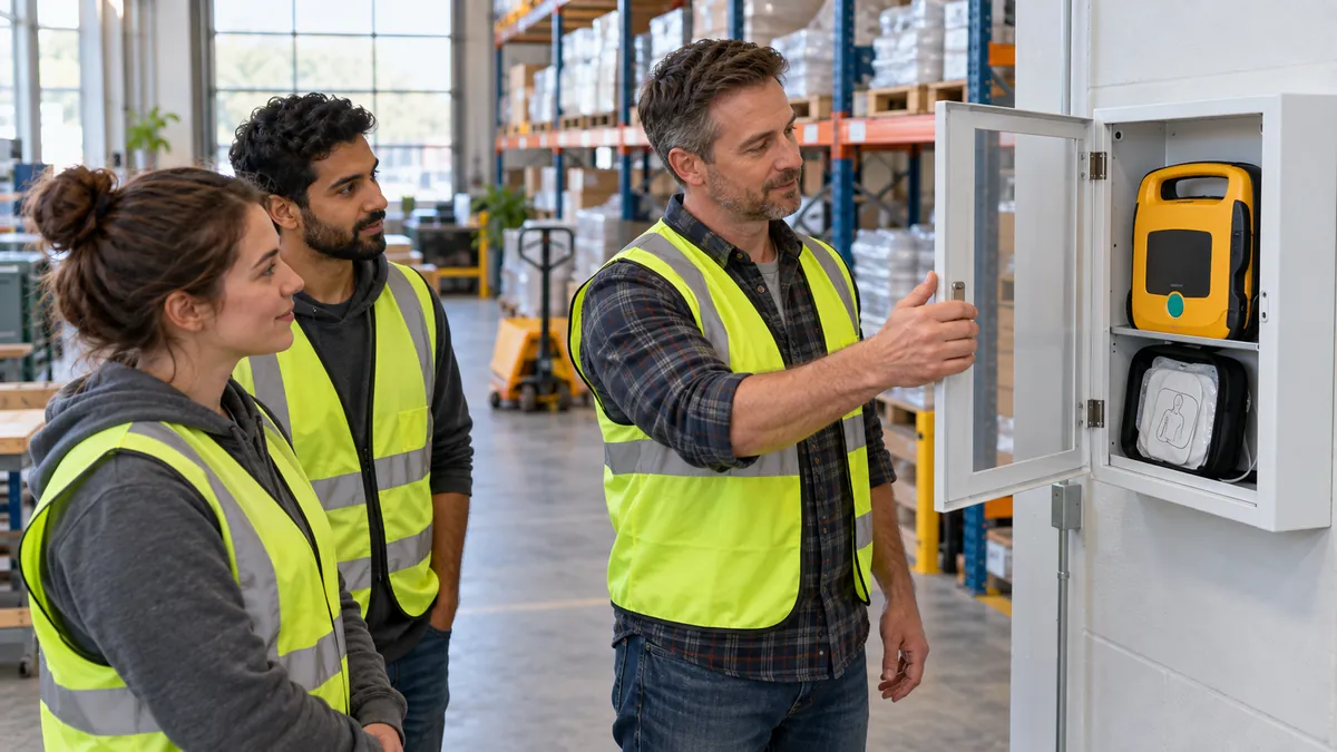 Small business owner checking an AED in a warehouse with staff