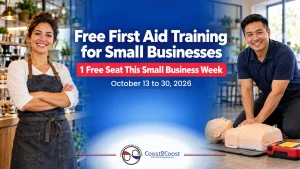Small Business Week offer: 1 free first aid seat for small businesses, Oct 13 to 30, 2026, café owner and CPR instructor